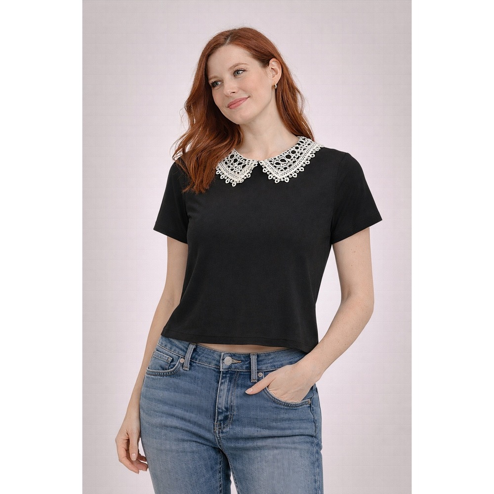Karl Lagerfeld Black Short Sleeve Top White Crochet Lace Peter Pan Collar Medium